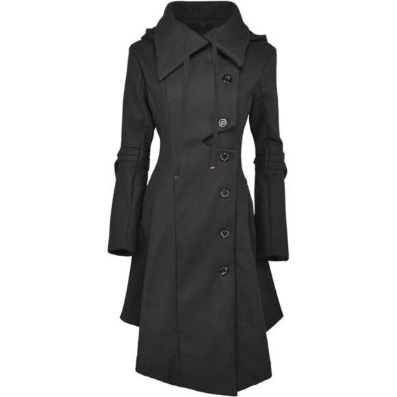 Long Trench Pea Coat for Women - Wool Winter Trench Coat Goth Lapel Peacoat - Picture 1 of 7